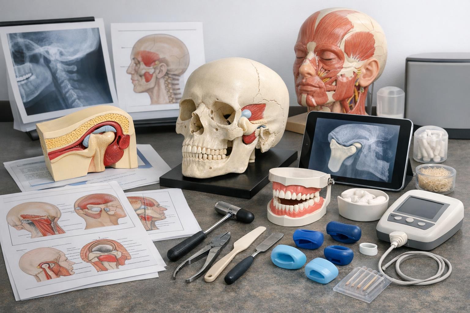 Materiały szkoleniowe i narzędzia używane na kursie dotyczące stawu skroniowo-żuchwowego