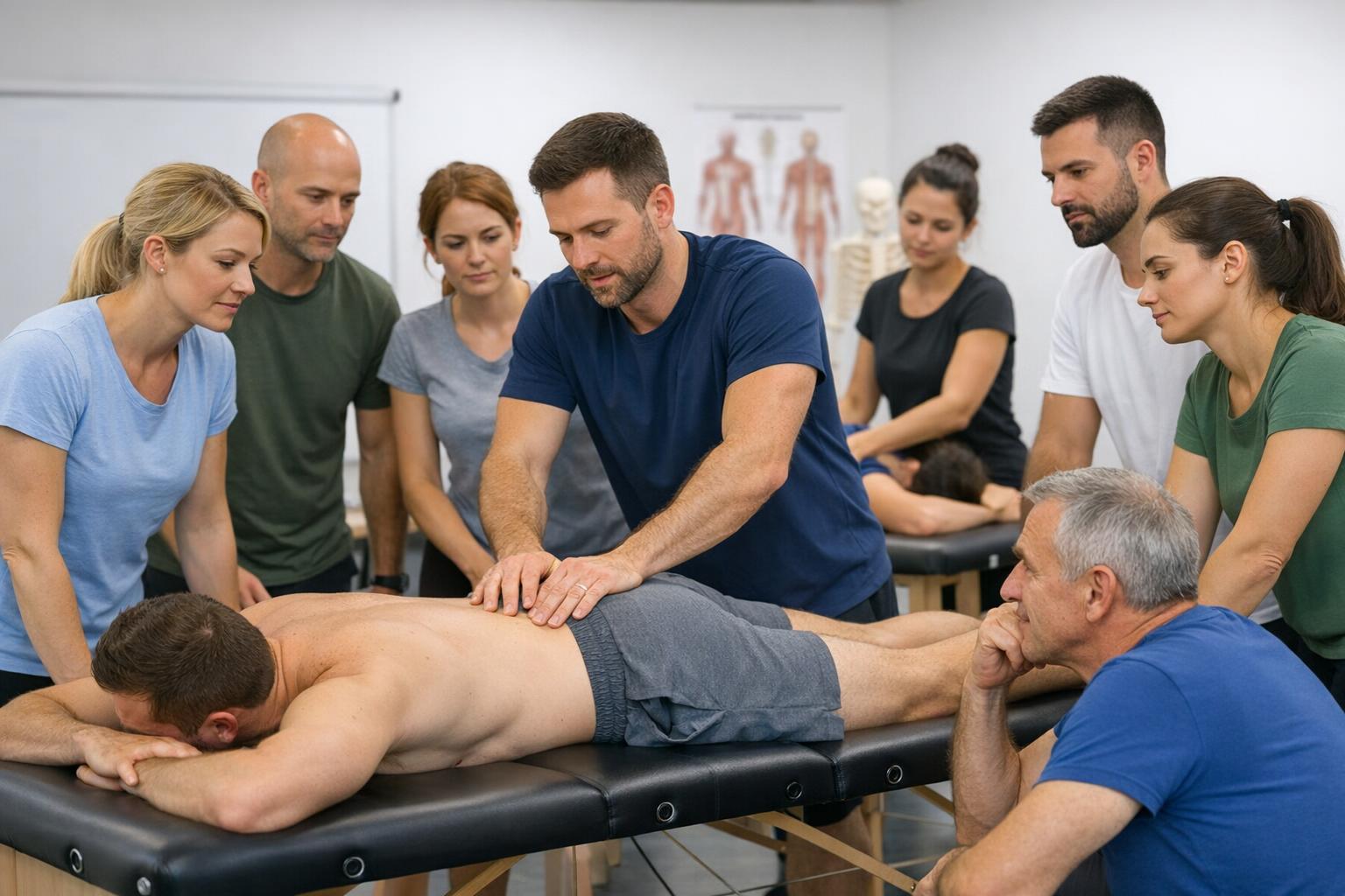 Grupa fizjoterapeutów podczas praktycznych warsztatów w sali szkoleniowej