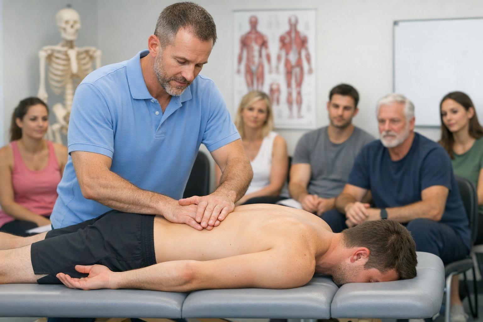 Instruktor demonstruje technikę terapii manualnej na modelu pacjenta