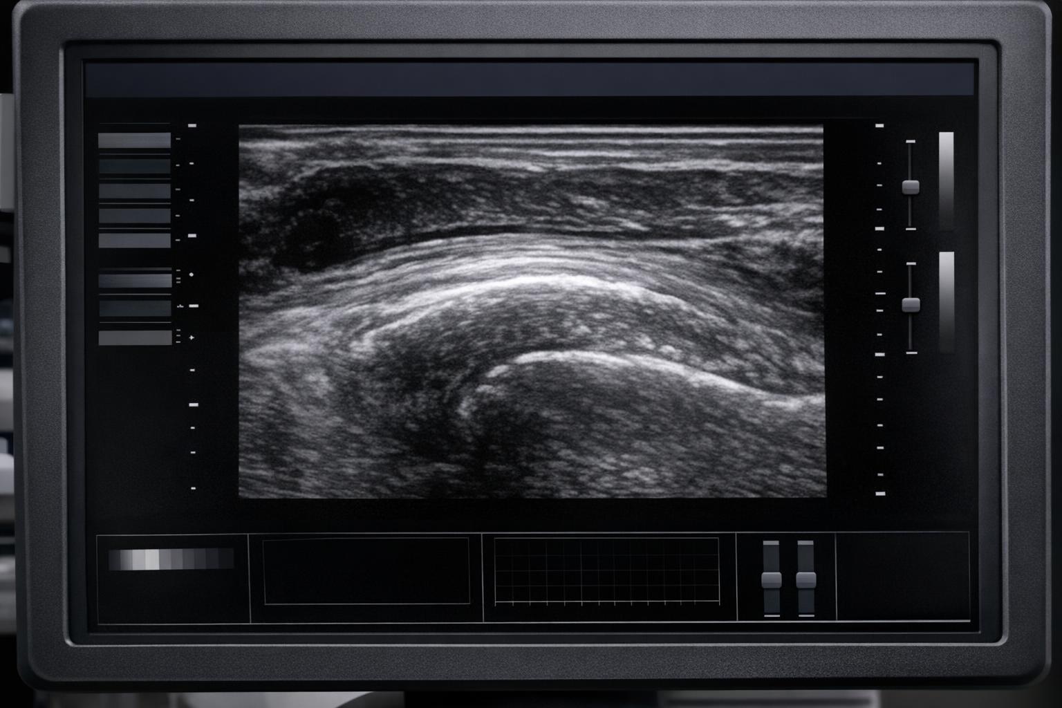 zdjęcie: ekran ultrasonografu z obrazem ścięgna rotatorów barku
