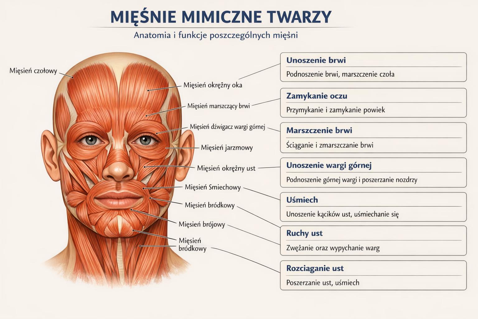 Schemat mięśni mimicznych twarzy - anatomia i funkcje poszczególnych mięśni