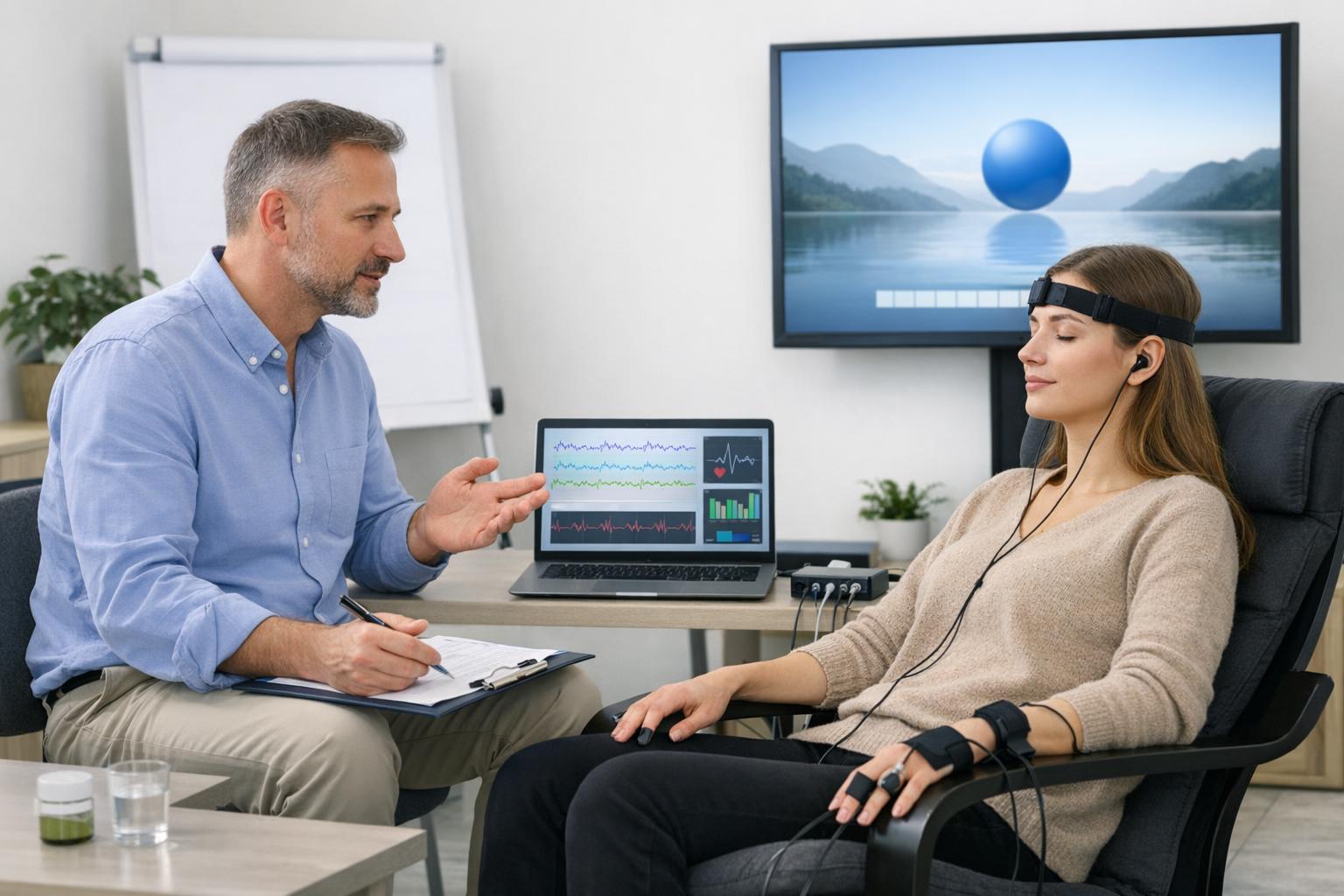 Zdjęcie terapeuty prowadzącego sesję biofeedback z pacjentką podczas szkolenia