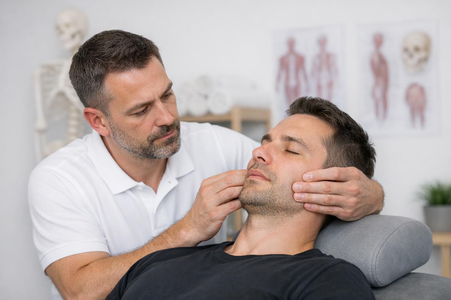 Zdjęcie: terapeuta wykonujący palpację mięśni żucia u pacjenta