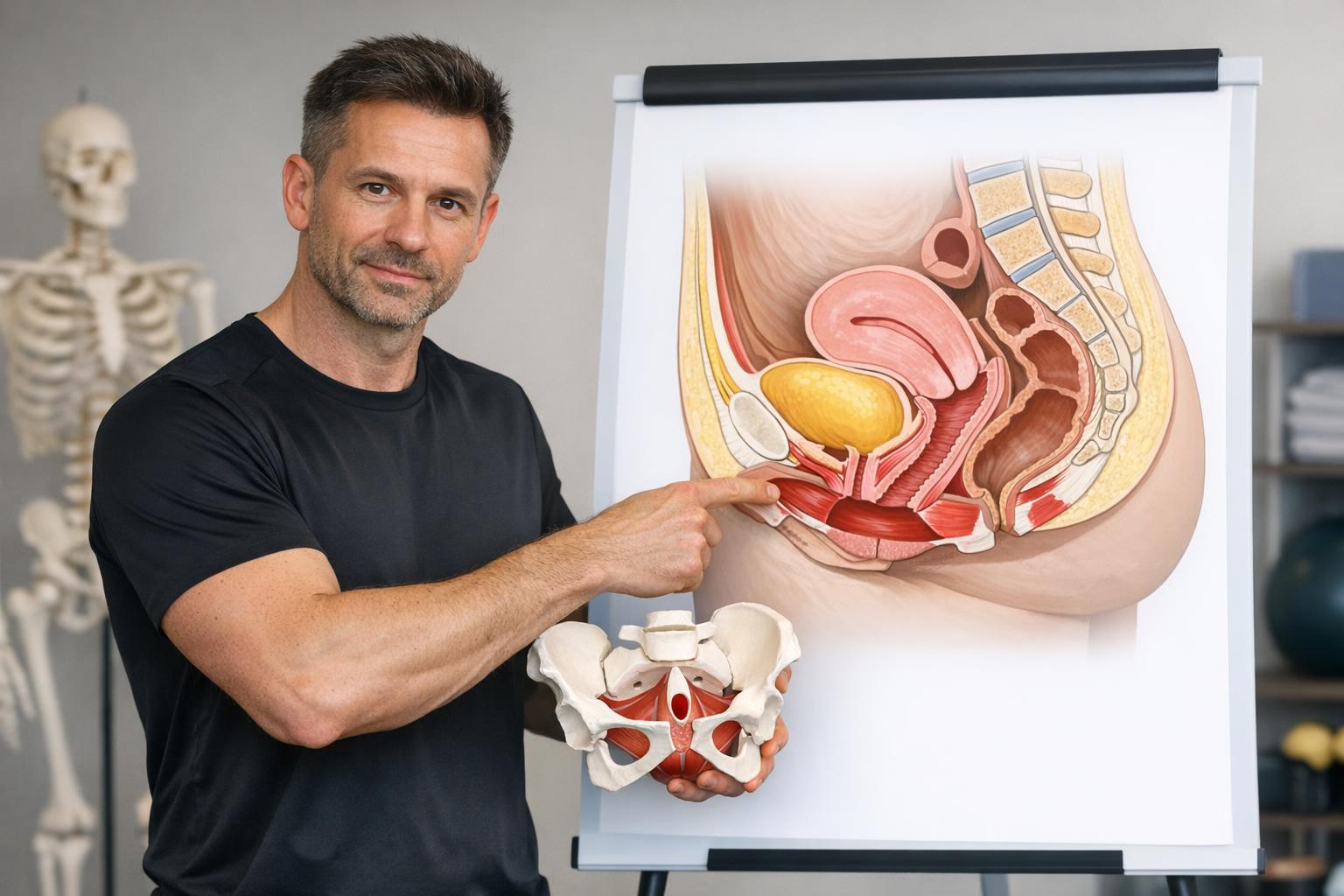Zdjęcie trenera pokazującego technikę wizualizacji mięśni dna miednicy na planie anatomicznym